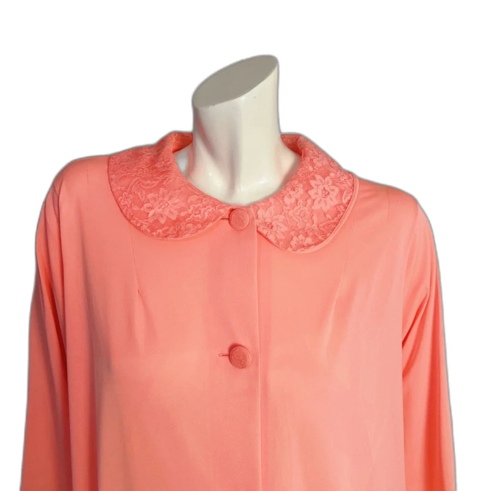 Vintage 1960s Shadowline Peach Pink Button Up Nightgown Peter Pan Collar Size M - Picture 2 of 8